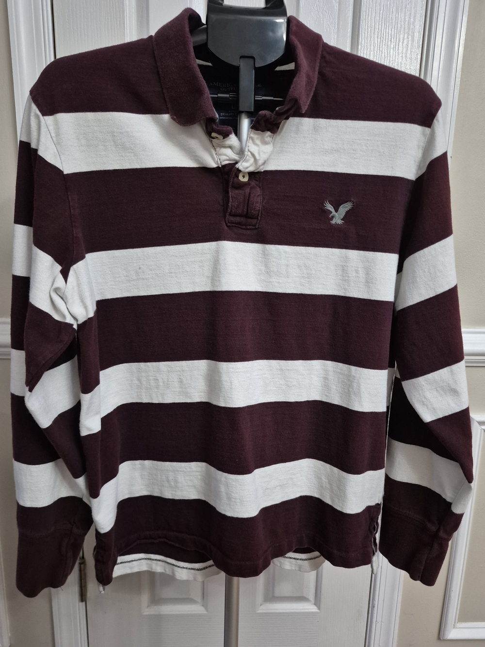 American Eagle Men’s Large Maroon White Striped Long Sleeve Rugby Polo Shirt